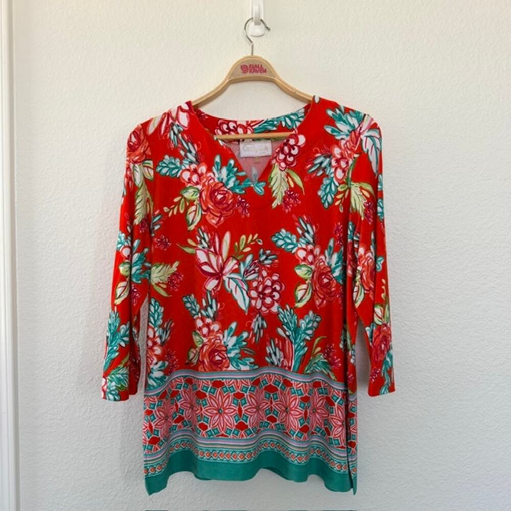 Pappagallo Tunic Women's XL Red Floral 3/4 Sleeve Relaxed Soft Comfy Stretch